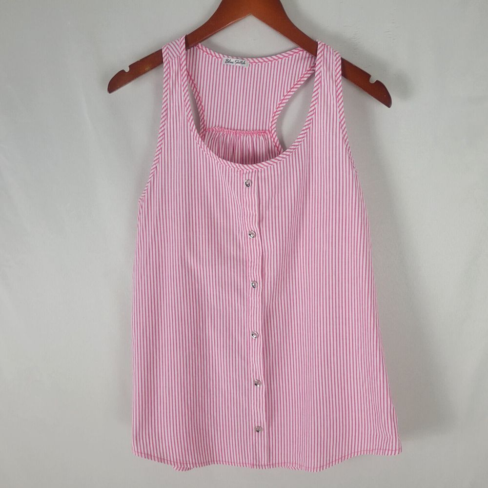 Blue Sketch Shirt Womens‎ Small READ Pink Top Candy Striped Sleeveless Racerback